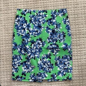 J. Crew Green Pencil Skirt with Blue Floral Print
